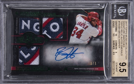 2017 Topps Museum Collection Signature Swatches Emerald #TRABH Bryce Harper Signed Relic Card (#1/1) - BGS GEM MINT 9.5/BGS 10